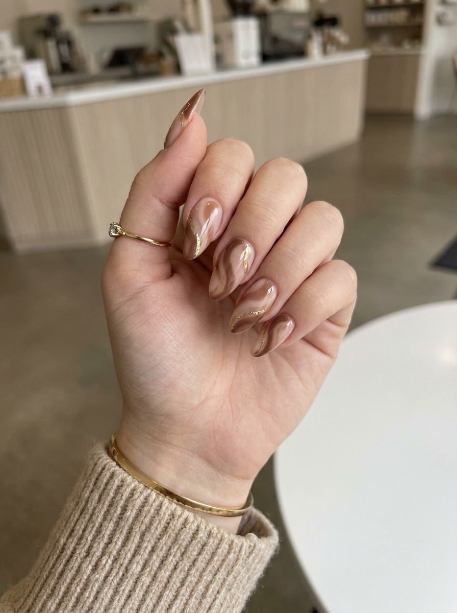 Mocha Swirl Almond Nails als Almond Fall Nails Inspiration 2026